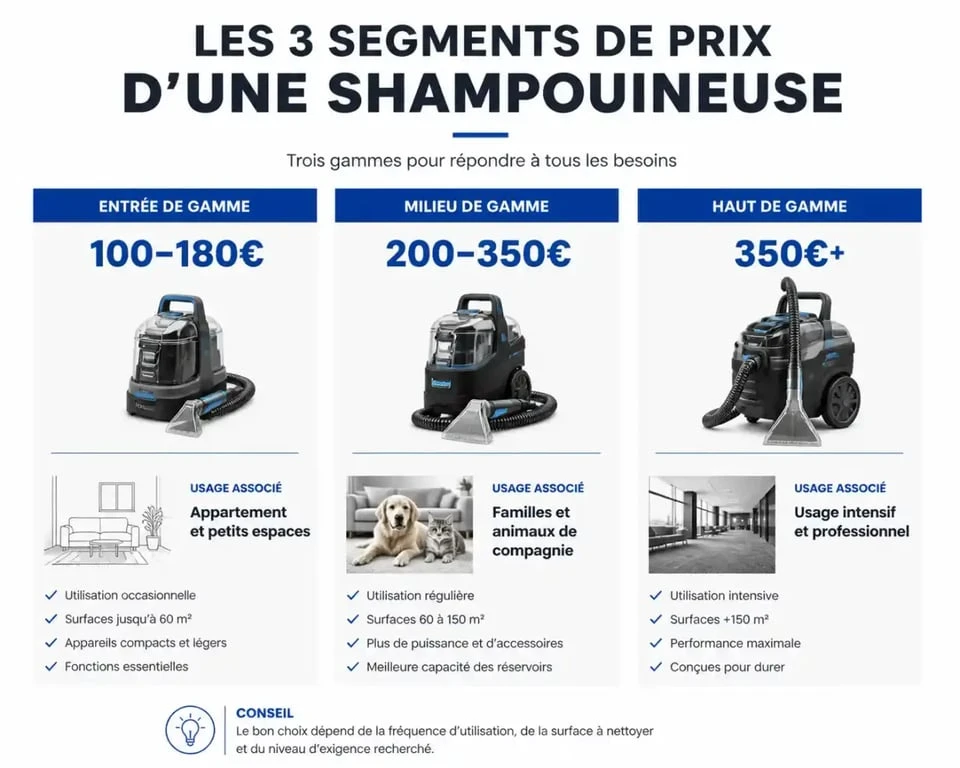 Infographie des prix et usages des shampouineuses : comparer les modèles selon votre budget pour choisir la meilleure shampouineuse prix.