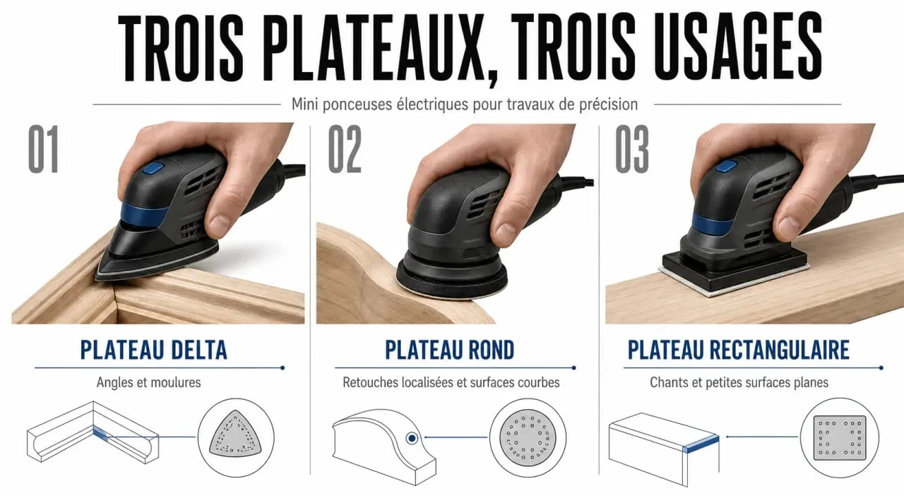 Mini ponceuse électrique : comparatif visuel des plateaux delta, rond et rectangulaire