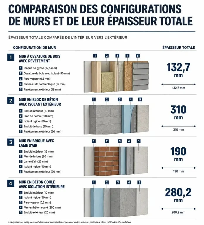Comparatif des épaisseurs totales pour une isolation placo