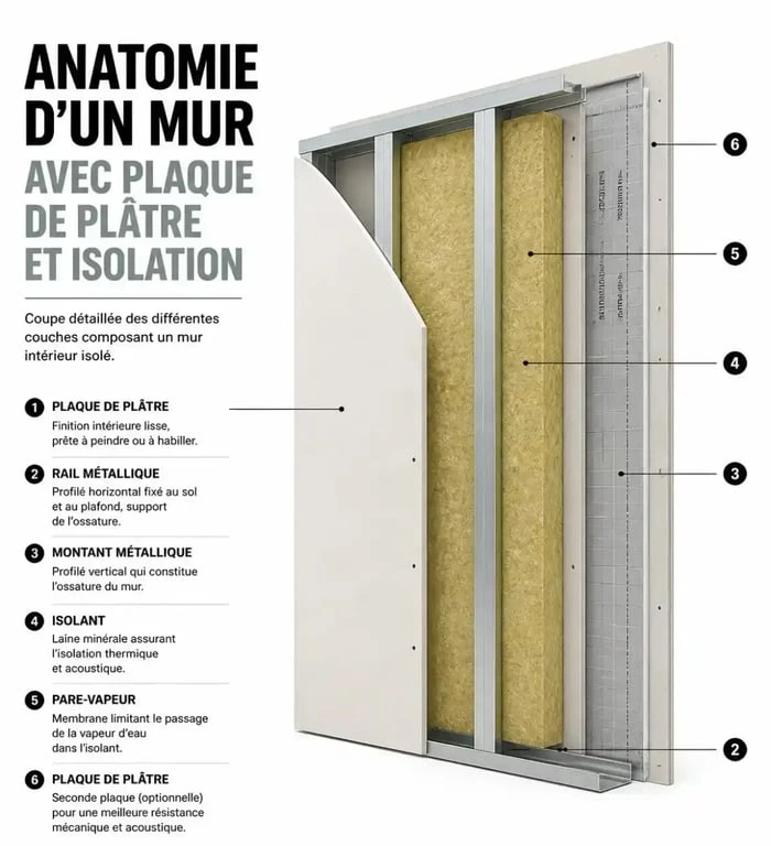 Schéma en coupe d'une cloison avec épaisseur isolation placo