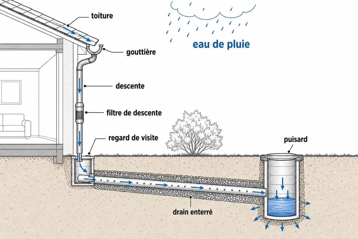Schéma du drainage eau de pluie gouttière depuis la toiture jusqu’au puisard