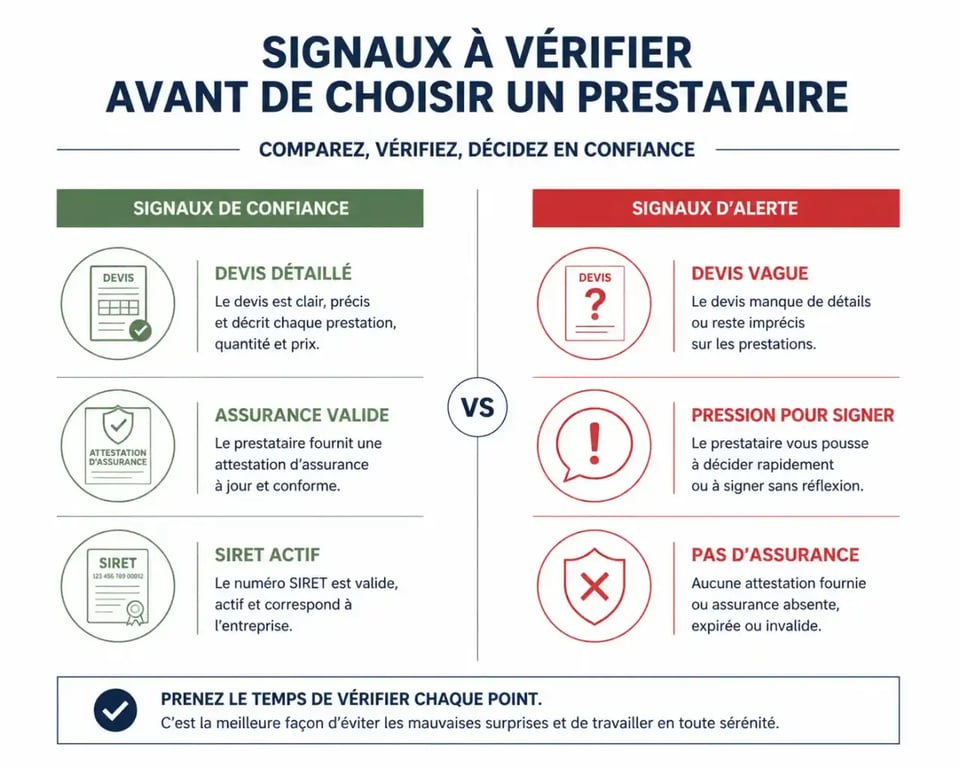 Infographie comparative des signaux de confiance et d'alerte pour choisir un artisan qualifié