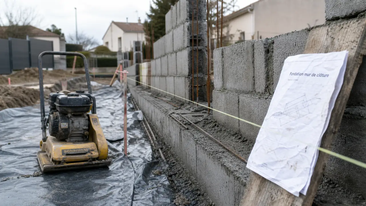 Fondation mur de cloture : semelle filante 40 cm, tranchée et béton frais
