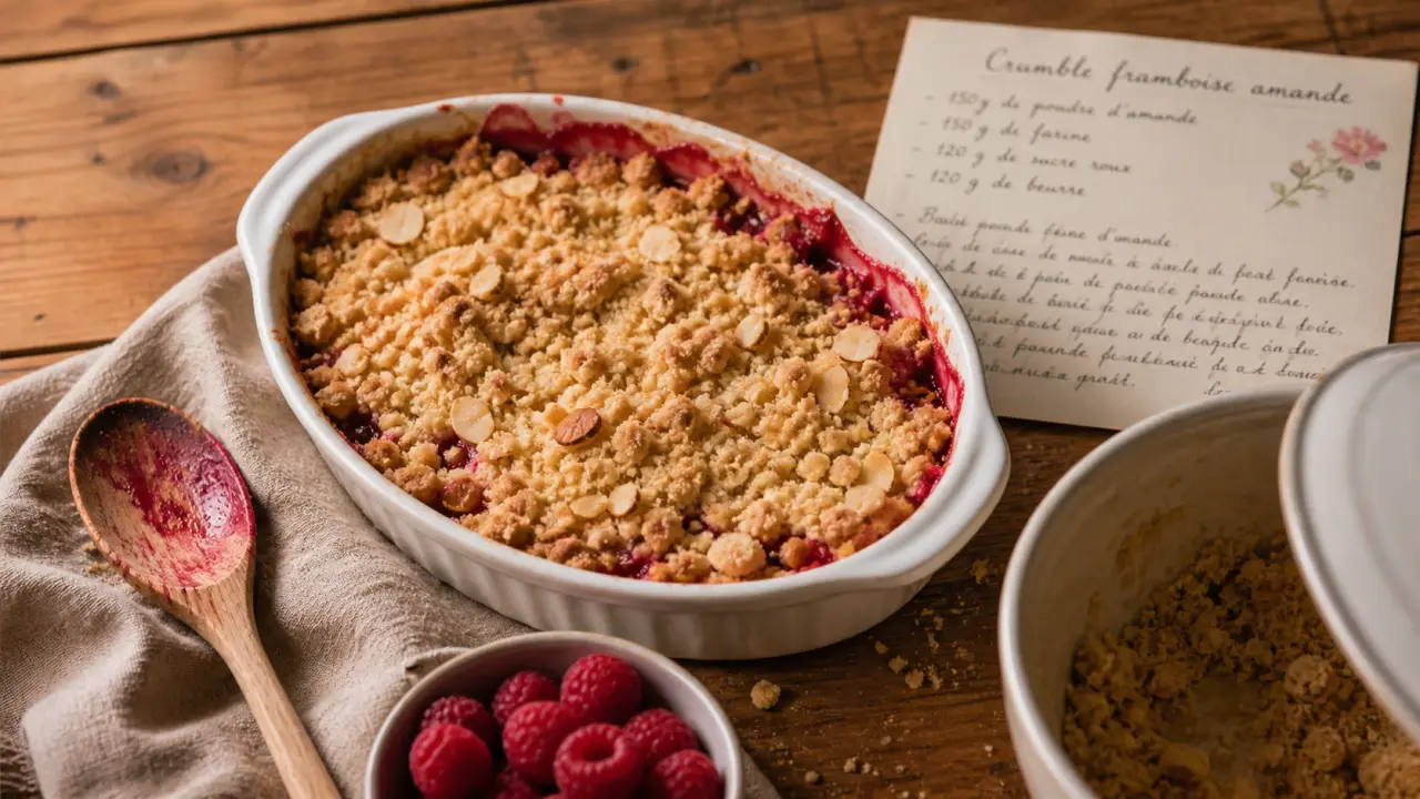 Recette crumble framboise poudre amande, crumble croustillant doré