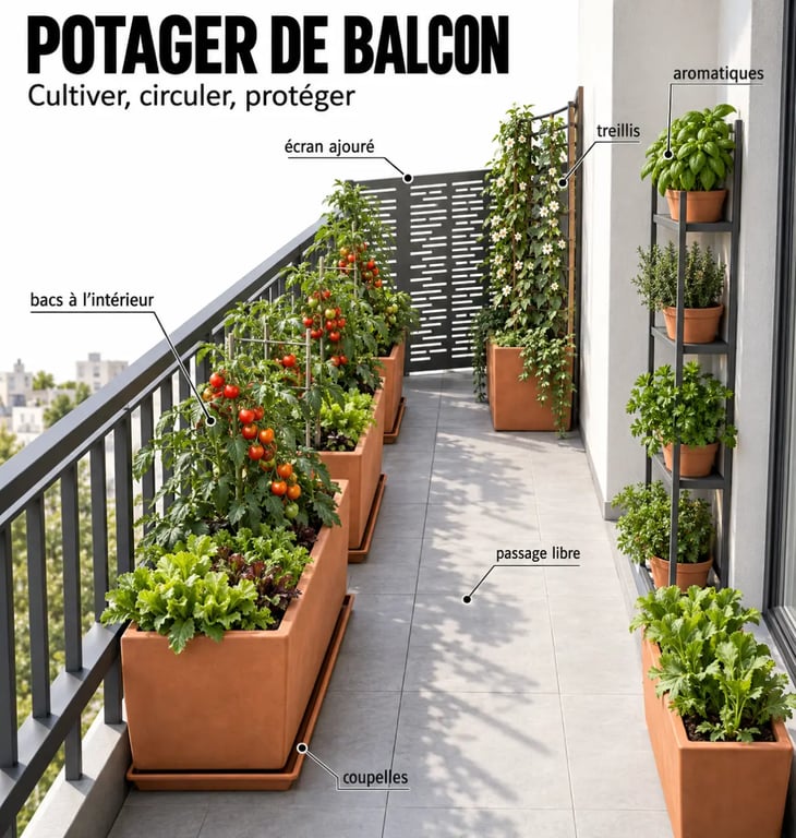Aménager un jardin potager urbain sur son balcon avec des contenants, une étagère et un treillis