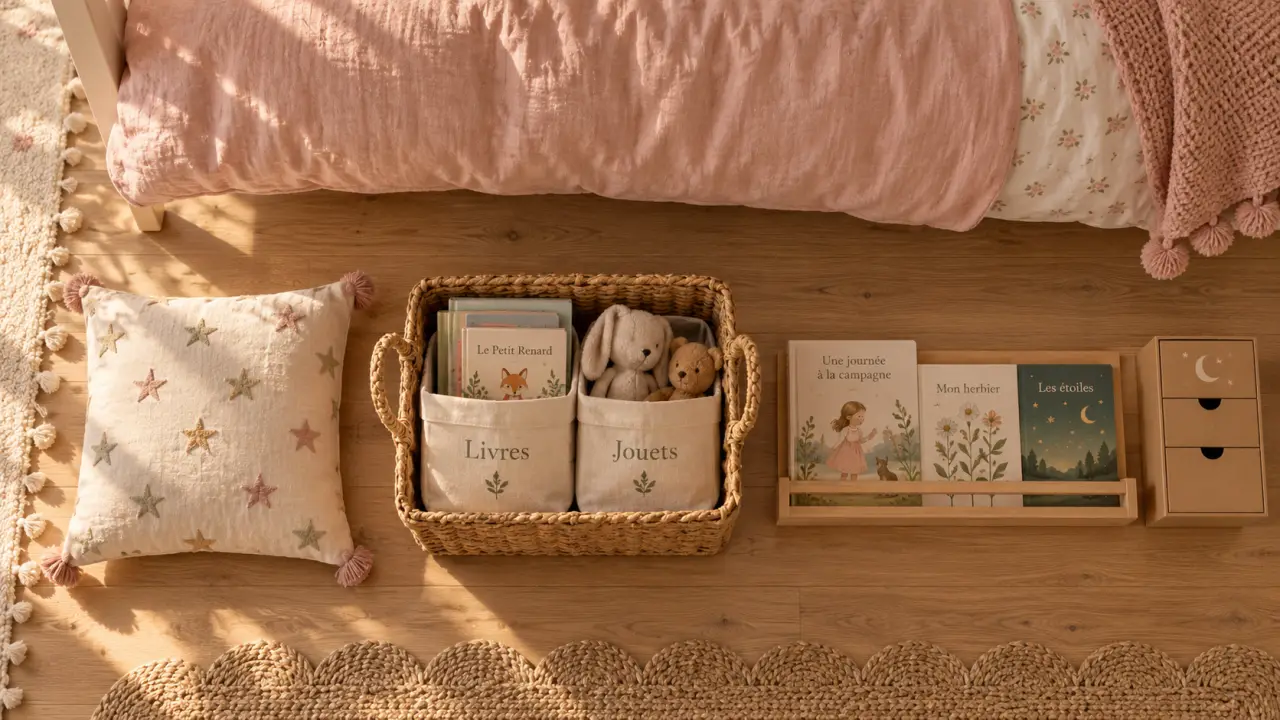Décoration chambre fille, chambre organisée avec coussin étoiles et paniers livres et jouets