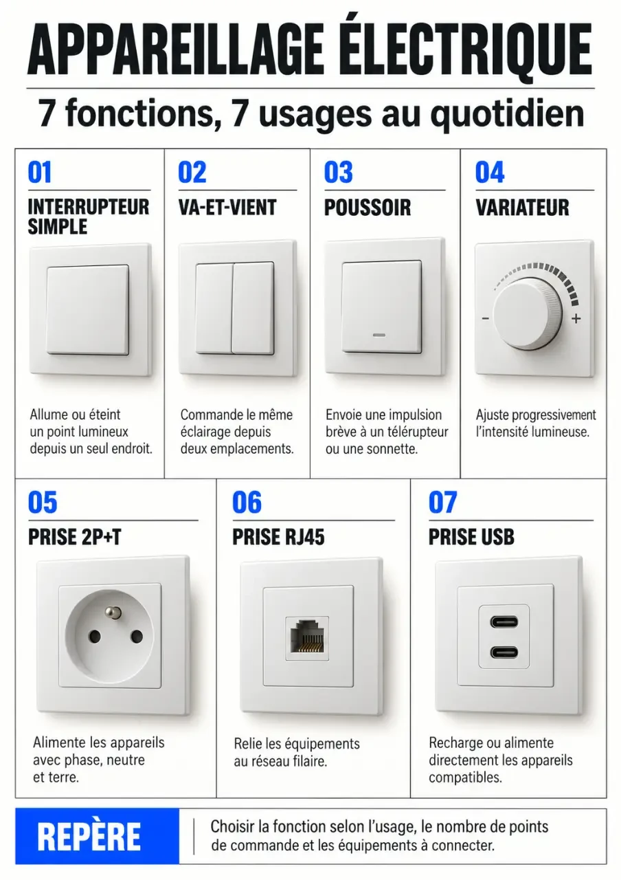 Infographie des principales fonctions d’appareillage electrique : interrupteurs, prises 2P+T, RJ45 et USB