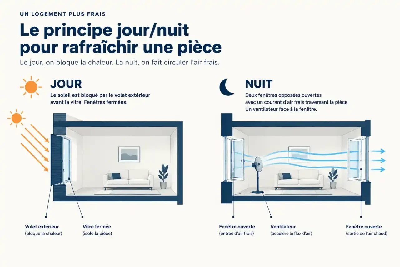 Schéma pour rafraîchir une pièce sans climatisation : volets extérieurs fermés le jour, courant d'air et ventilateur la nuit