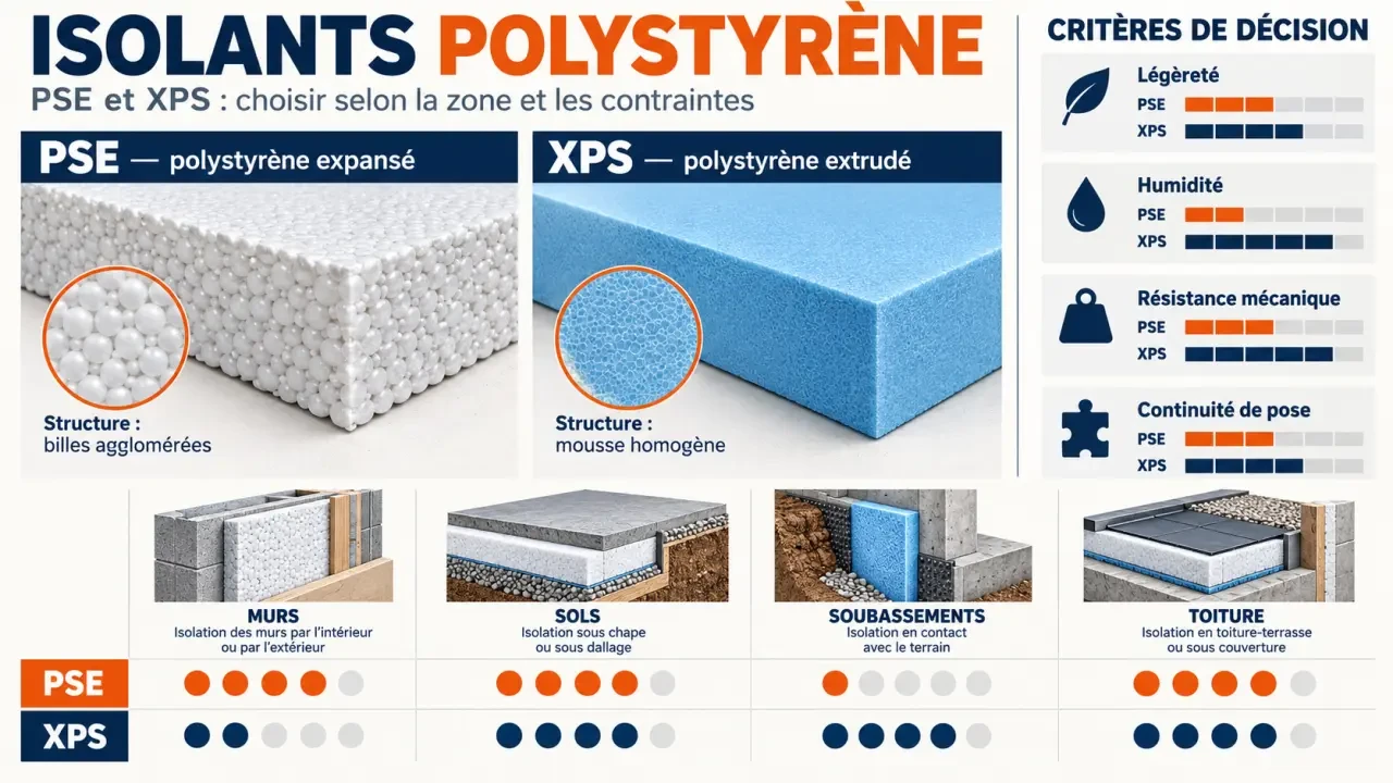 Isolant polystyrène PSE et XPS : comparaison des structures et des usages selon les zones du bâtiment