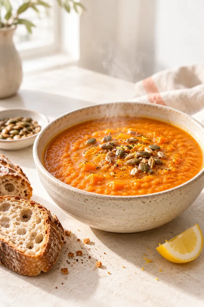 Idées recettes hiver : soupe de carottes et lentilles corail servie avec du pain
