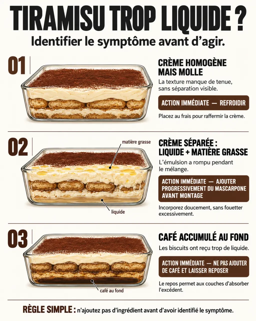 Infographie pour comprendre et rattraper un tiramisu trop liquide selon la cause