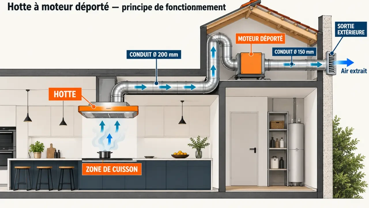 Schéma du fonctionnement d’une hotte moteur déporté avec conduits vers la sortie extérieure