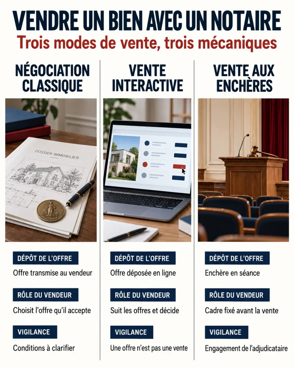 Infographie sur la vente immobilière notaire : négociation classique, vente interactive et enchères