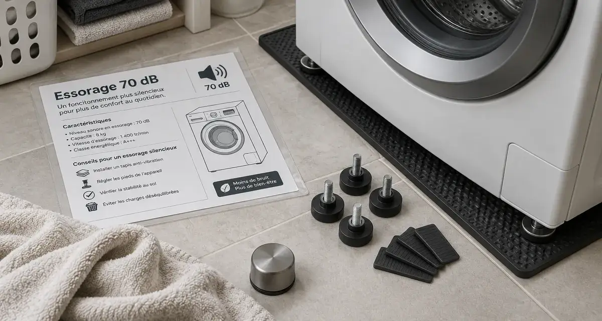 Lave linge silencieux 70 dB, essorage maîtrisé et pieds anti-vibrations