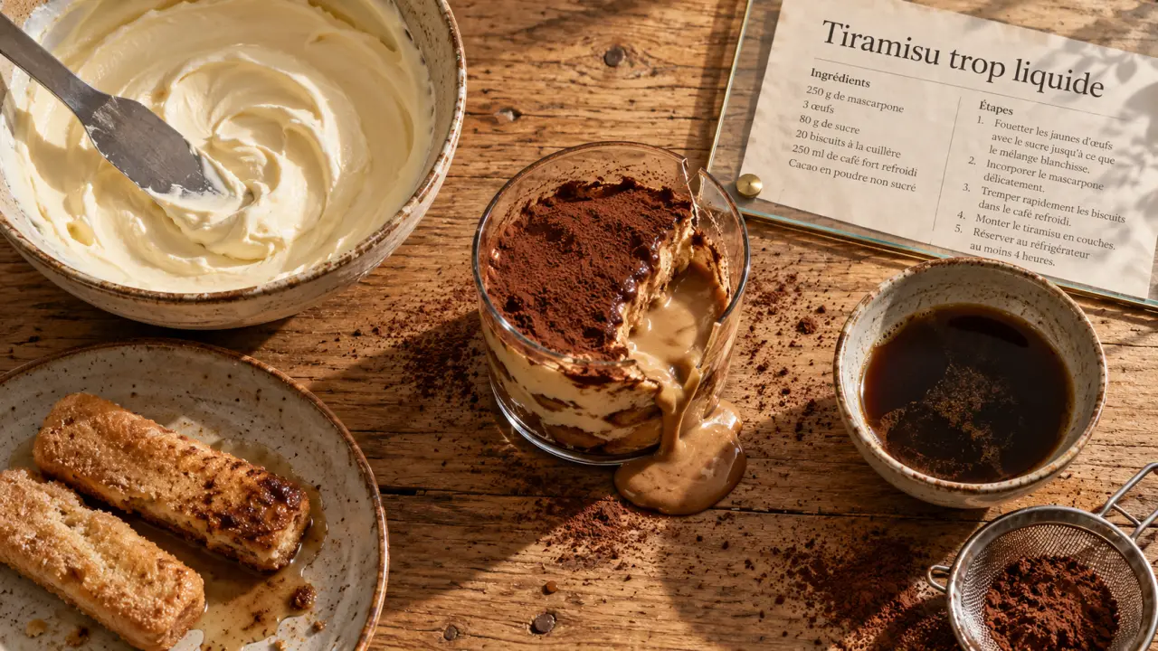 Tiramisu trop liquide : crème qui déborde dans une verrine